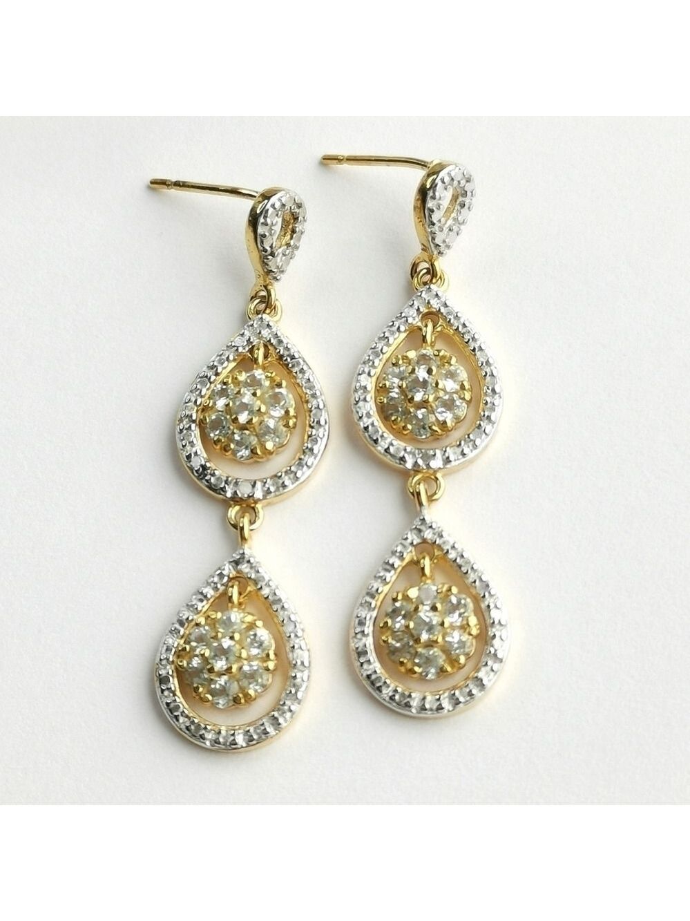 NEW, aquamarine and diamond dangle earrings 14k gold vermeil
